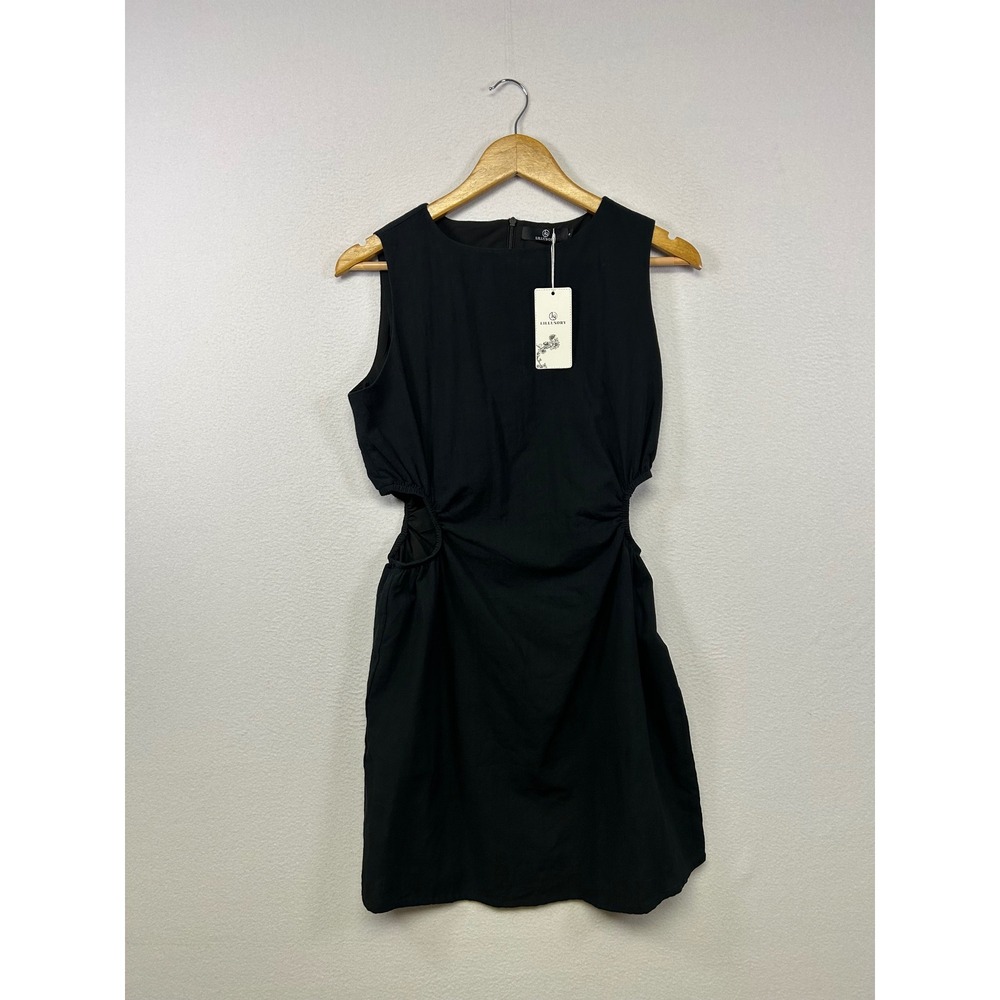 Minimalist Lillusory Womens Sm Black Cutout Ruched Sleeveless Mini Dress LS1011